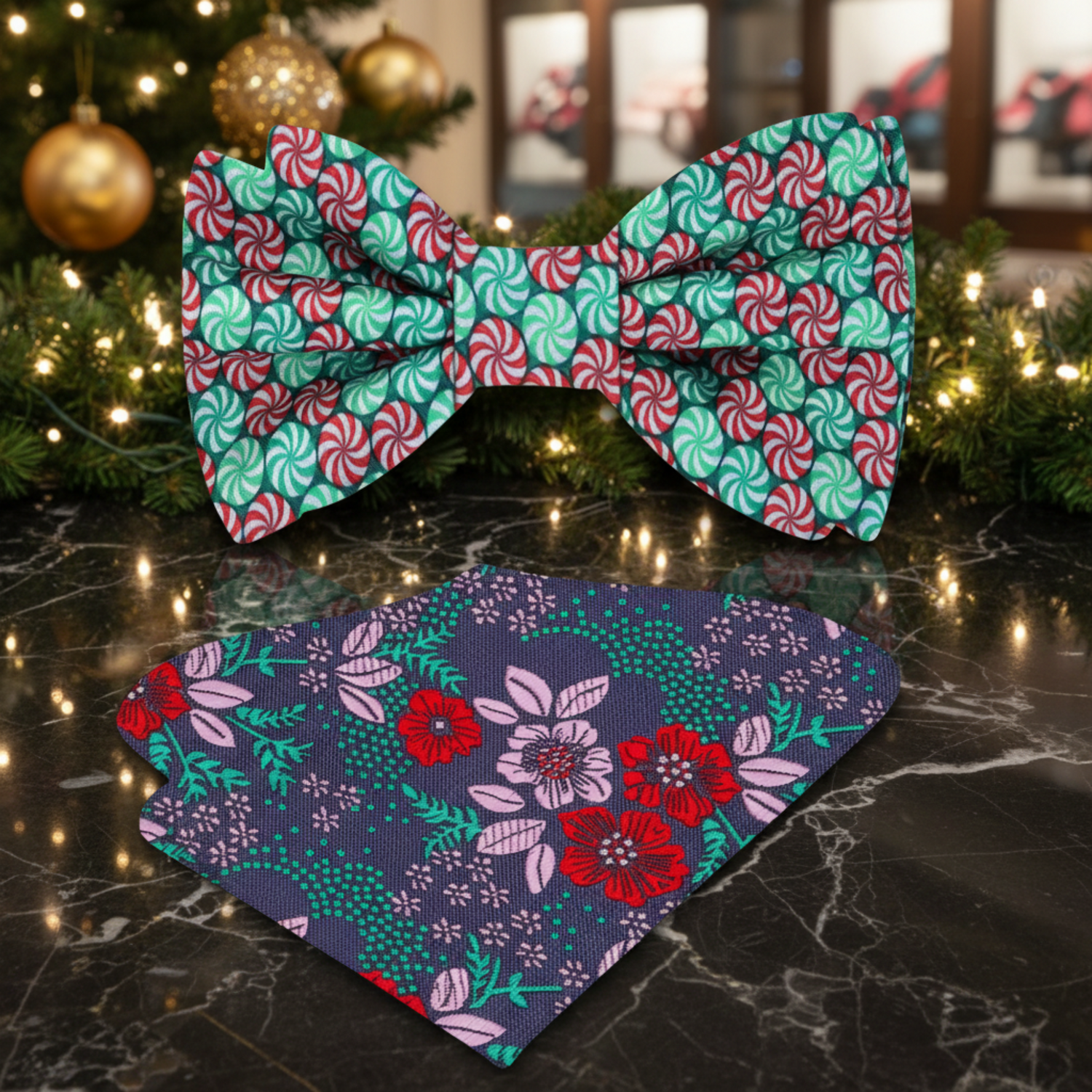 Green, Red Christmas Candy Bow Tie and Floral Pocket Square