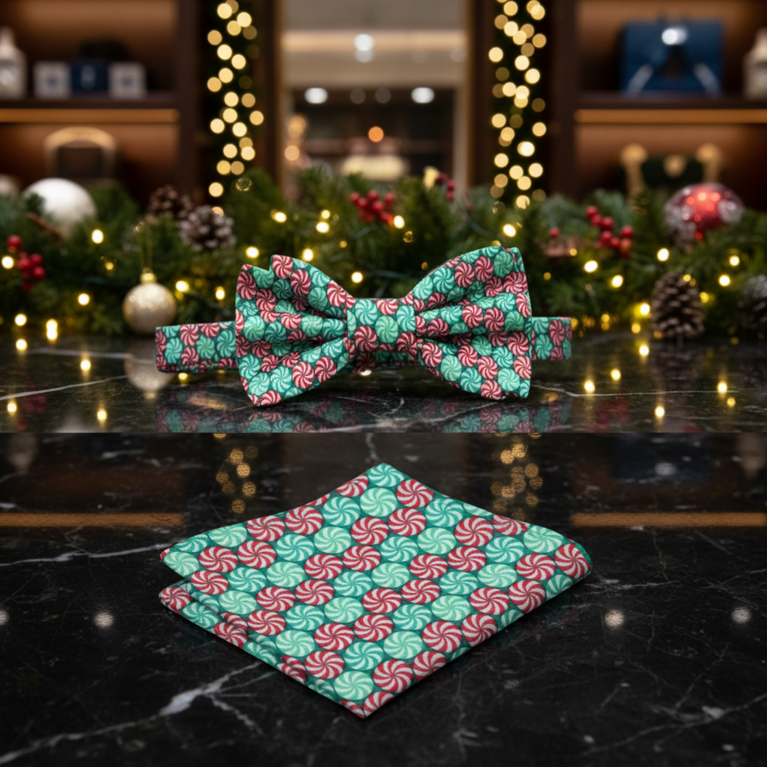 Red Green White Christmas Candy Bow Tie and Square