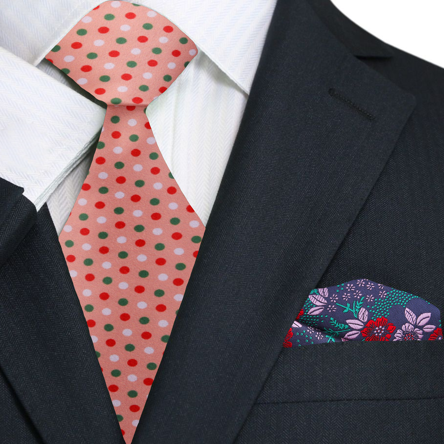 Red Green White Christmas Polka Tie and Accenting Floral Square