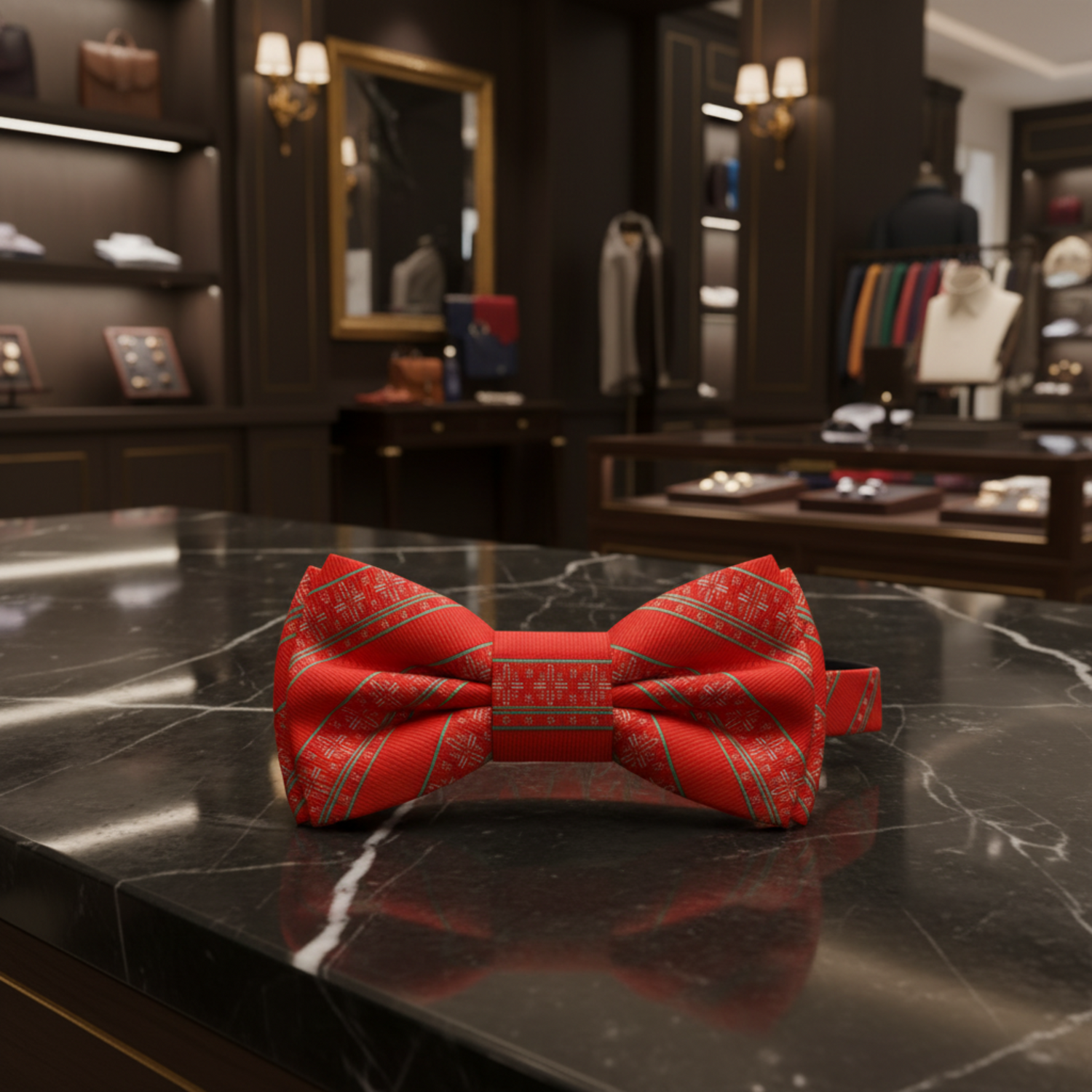 Red Silk with Green Stripe and Snowflake Bow Tie Pre Tied