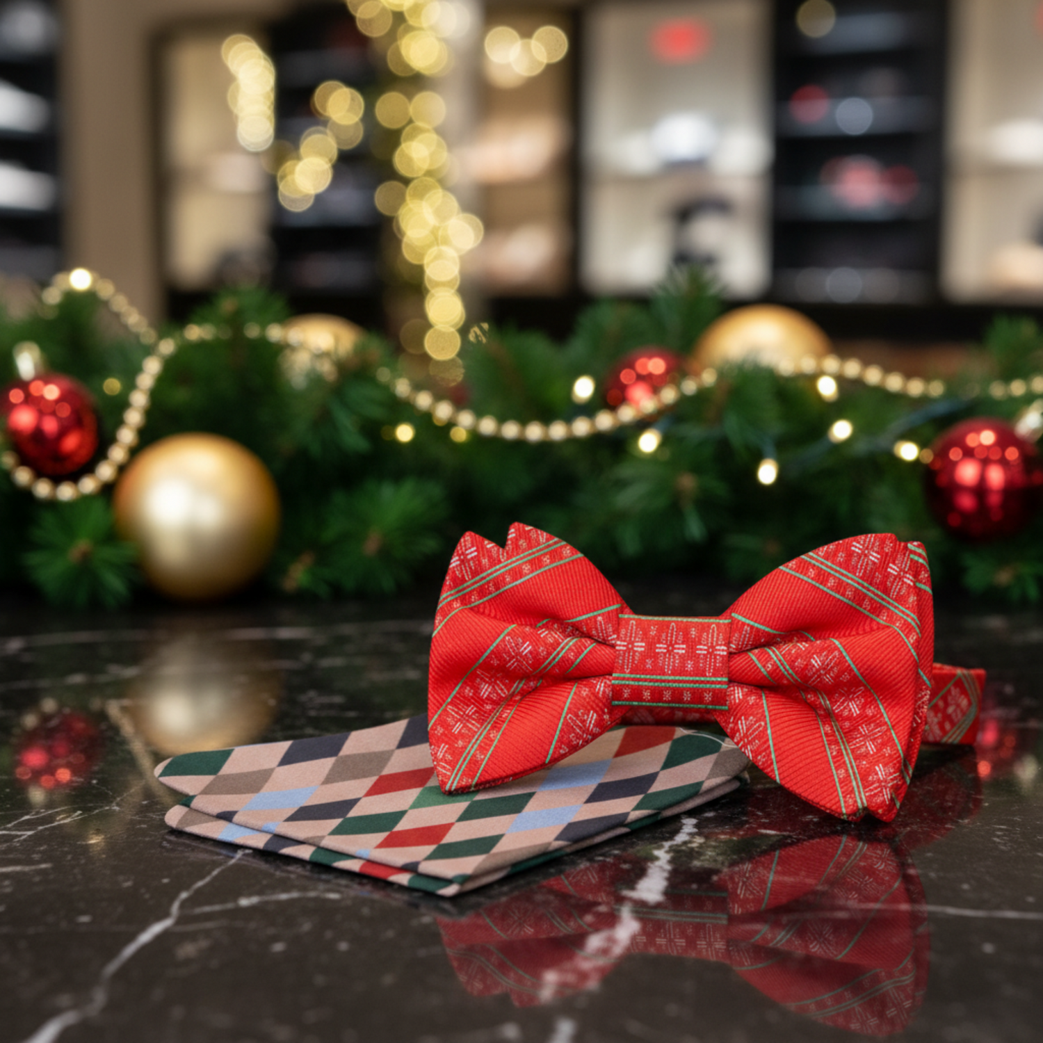 Red Green White Christmas Snowflakes Bow tie and Diamonds Square