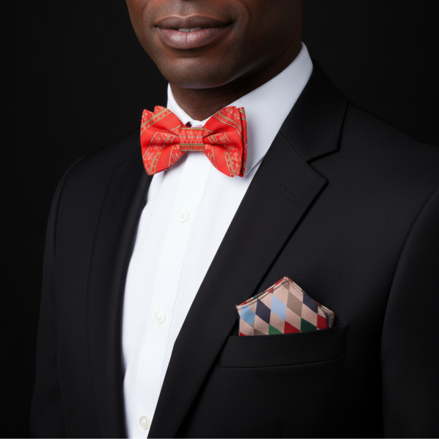 Man wearing a black suit with a red bow tie and patterned pocket square on a dark background