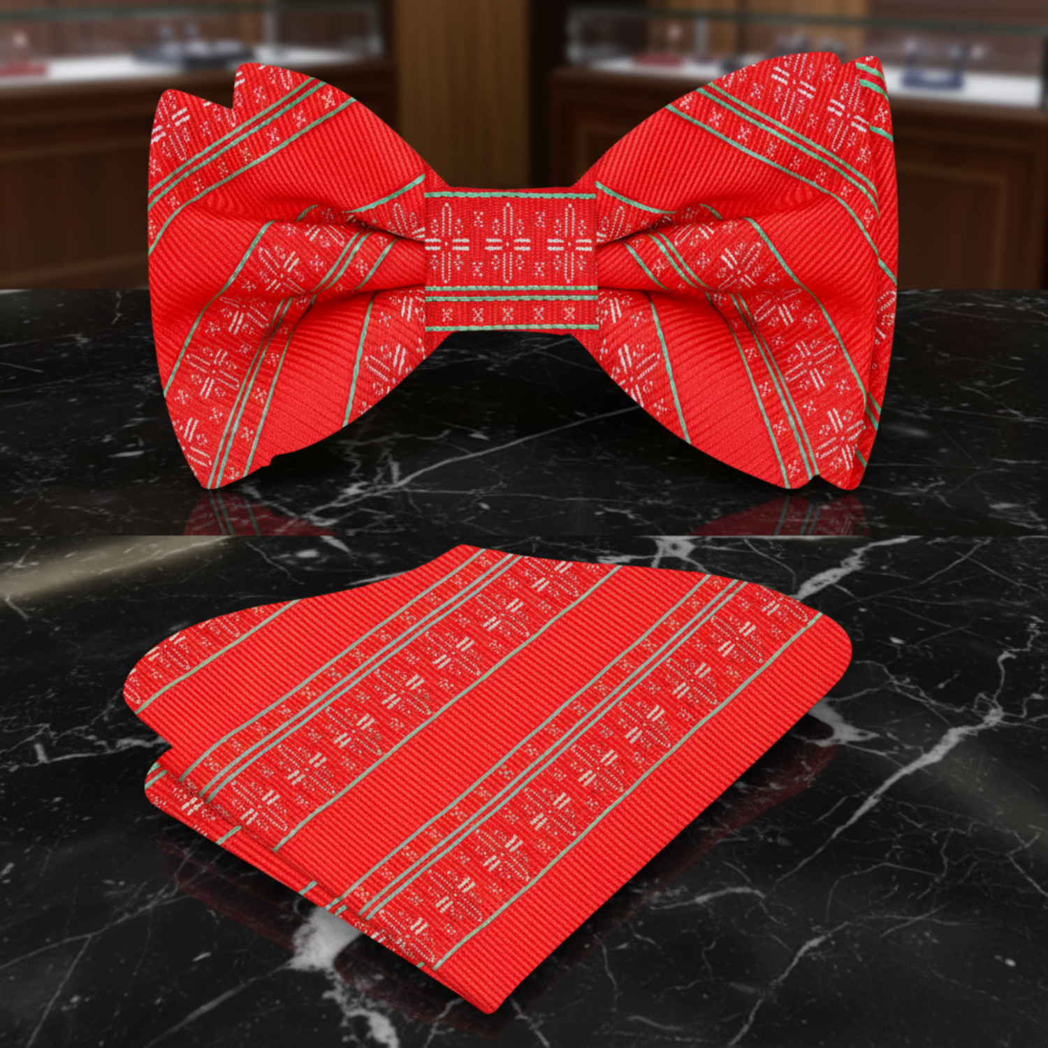Red Green White Christmas Snowflakes Bow tie and Square