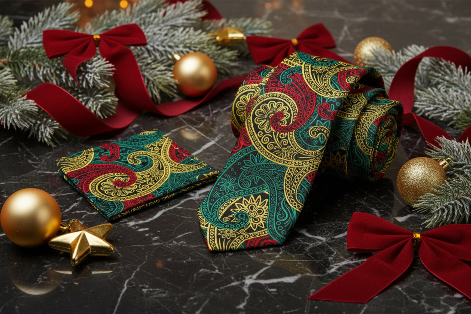 A Red, Green and Yellow Paisley Necktie and Square