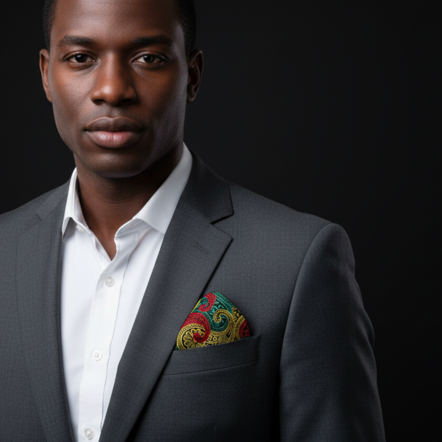 Man wearing a gray suit with a colorful pocket square against a black background