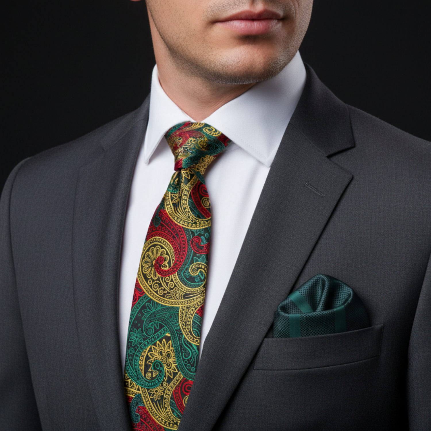 Christmas Paisley Necktie | Red, Green, Yellow Gold & Black