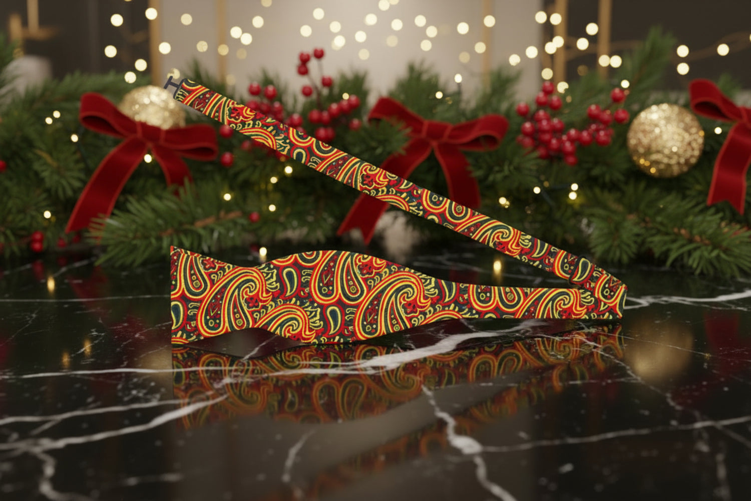 Green, Red, Yellow Paisley Bow Tie Self Tie