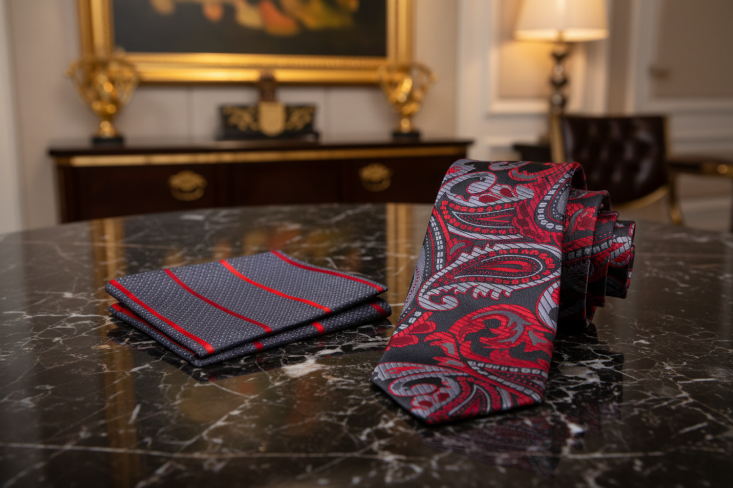 Second View: Main: A Red, Dark Red, Silver Paisley Pattern Necktie, With Accenting Pocket Square