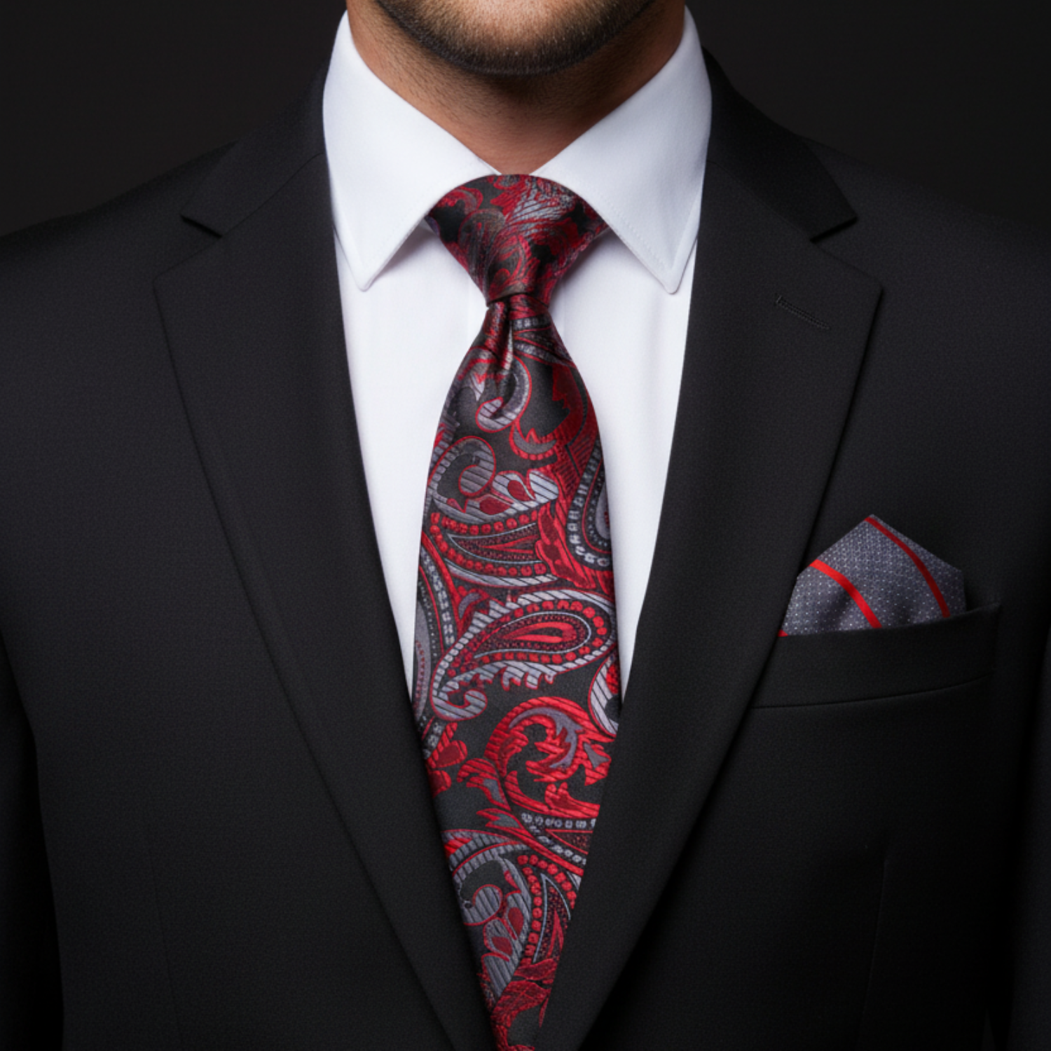Man wearing a black suit with a red paisley tie and matching pocket square.