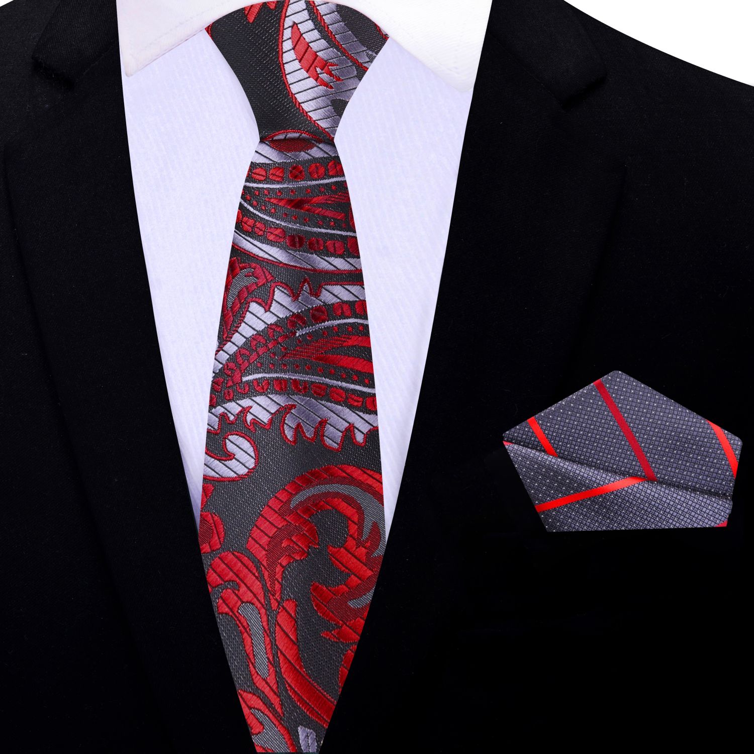 Thin: Main: A Red, Dark Red, Silver Paisley Pattern Necktie, With Accenting Pocket Square