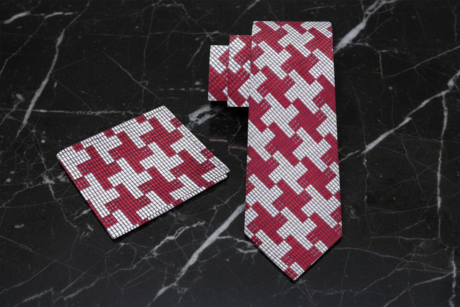 Grey and Red Hounds Tooth Tie and Handkerchief