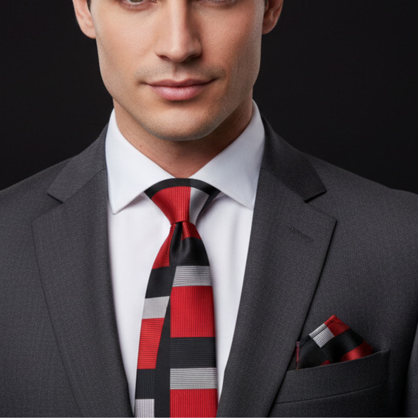 Man wearing a gray suit with a red and black striped tie against a black background
