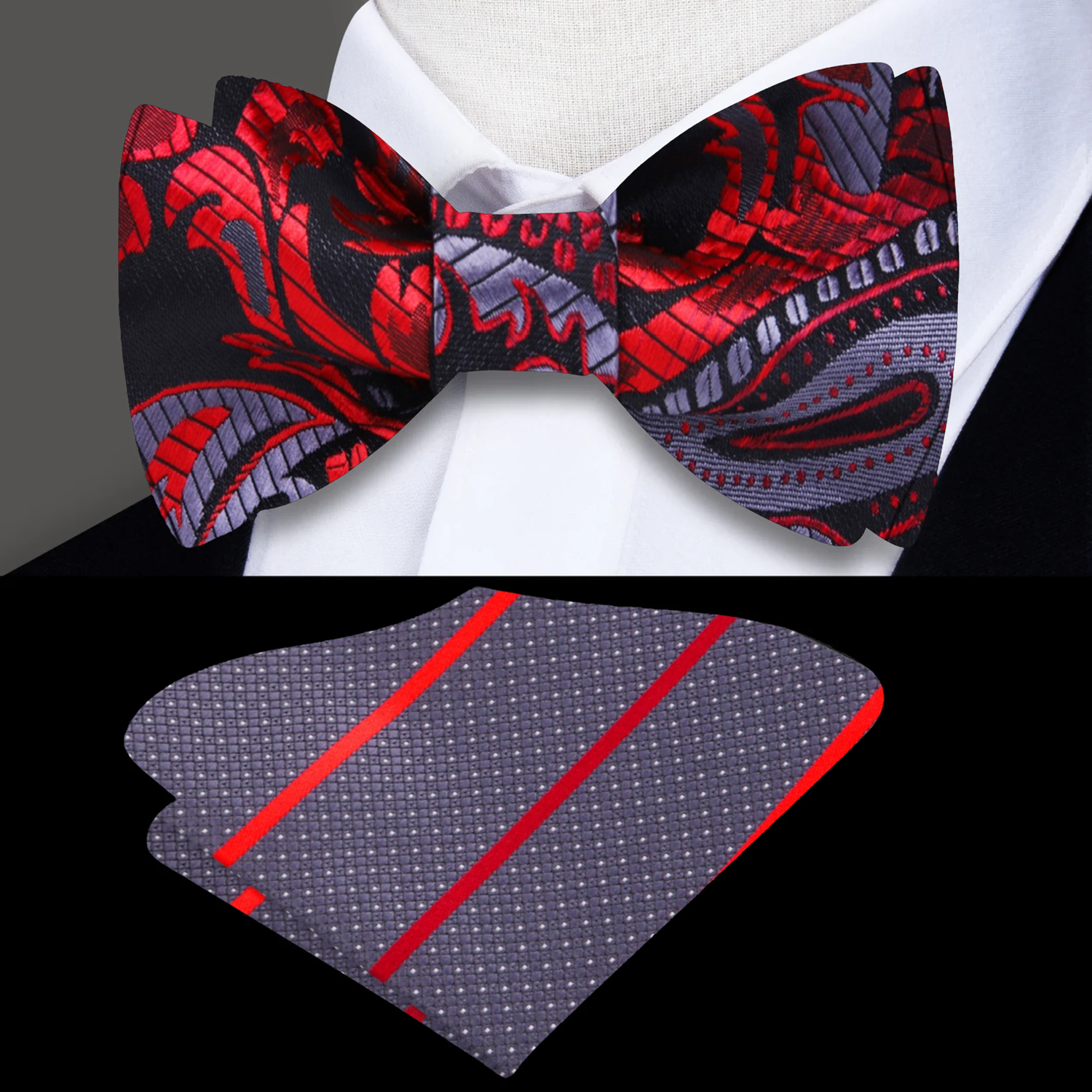 Red and black patterned bow tie with matching pocket square on a mannequin.
