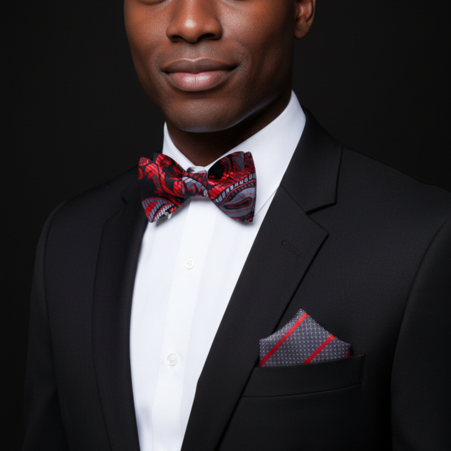 Man wearing a black suit with a red and grey patterned bow tie and pocket square on a black background
