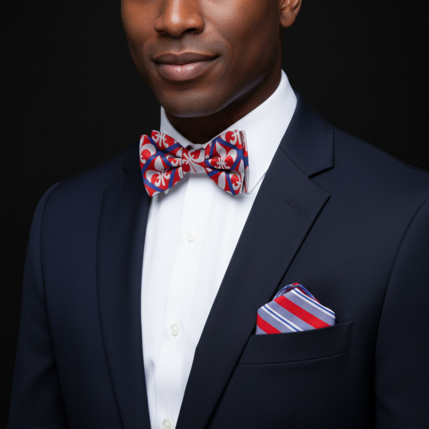 Man wearing a navy suit with a red, white, and blue bow tie and pocket square against a black background
