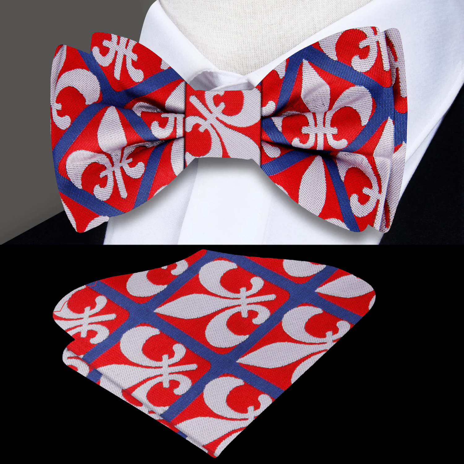 Red, Blue Fleur De Lis Bow Tie and Pocket Square