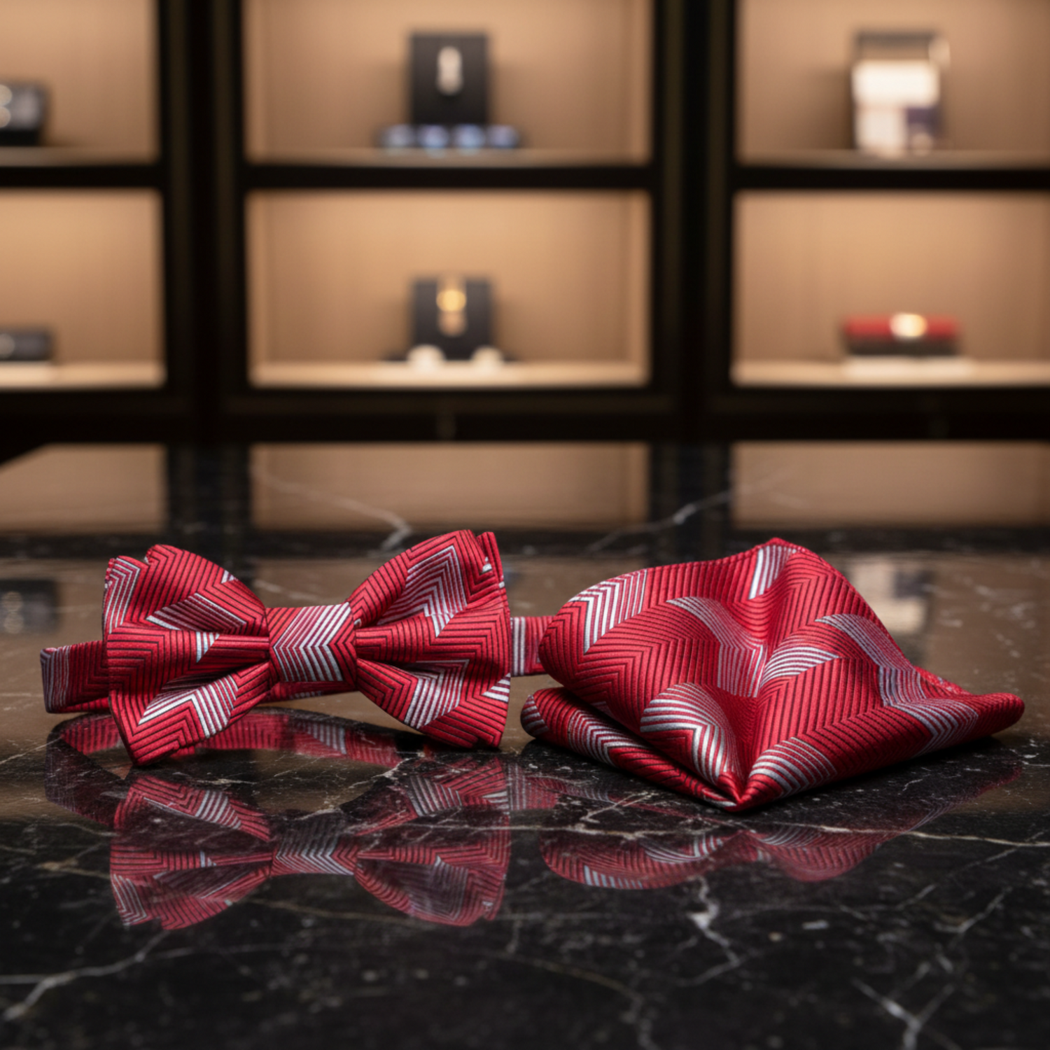 Red Geometric Lines Bow Tie and Pocket Square||Red