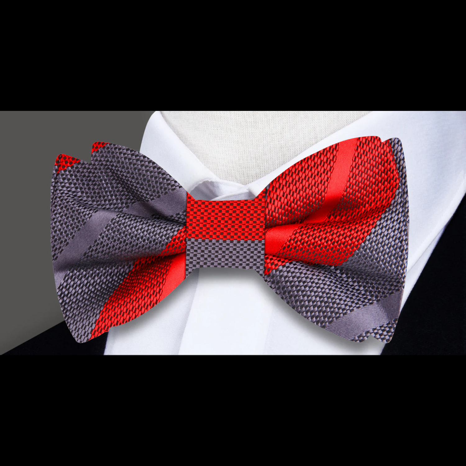 Red Grey Stripe Bow Tie 