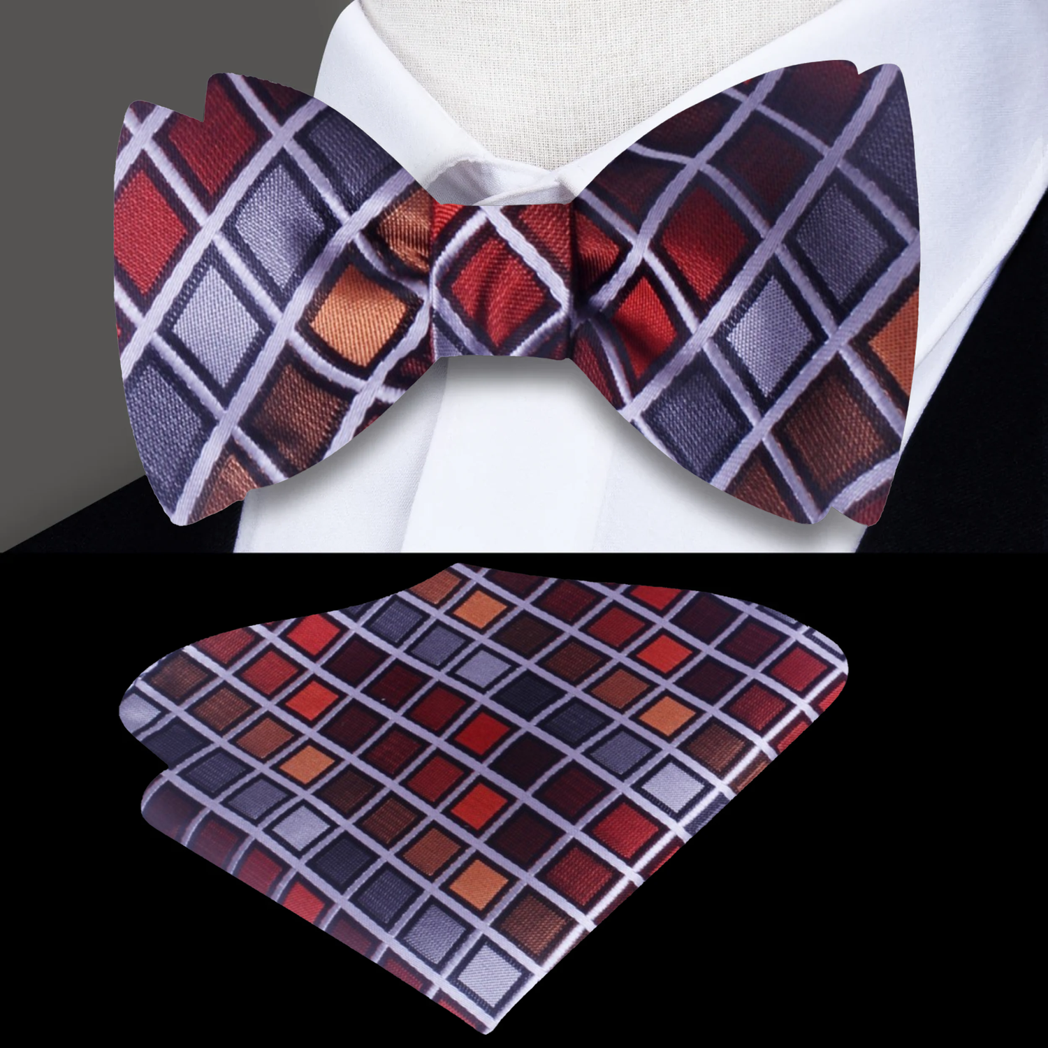 A Red, Orange, Grey Geometric Diamonds Pattern Self Tie Bow Tie, Matching Pocket Square