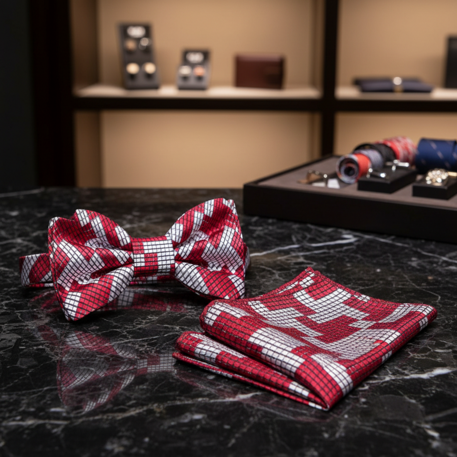 Red Grey Houndstooth Bow Tie and Pocket Square||Red