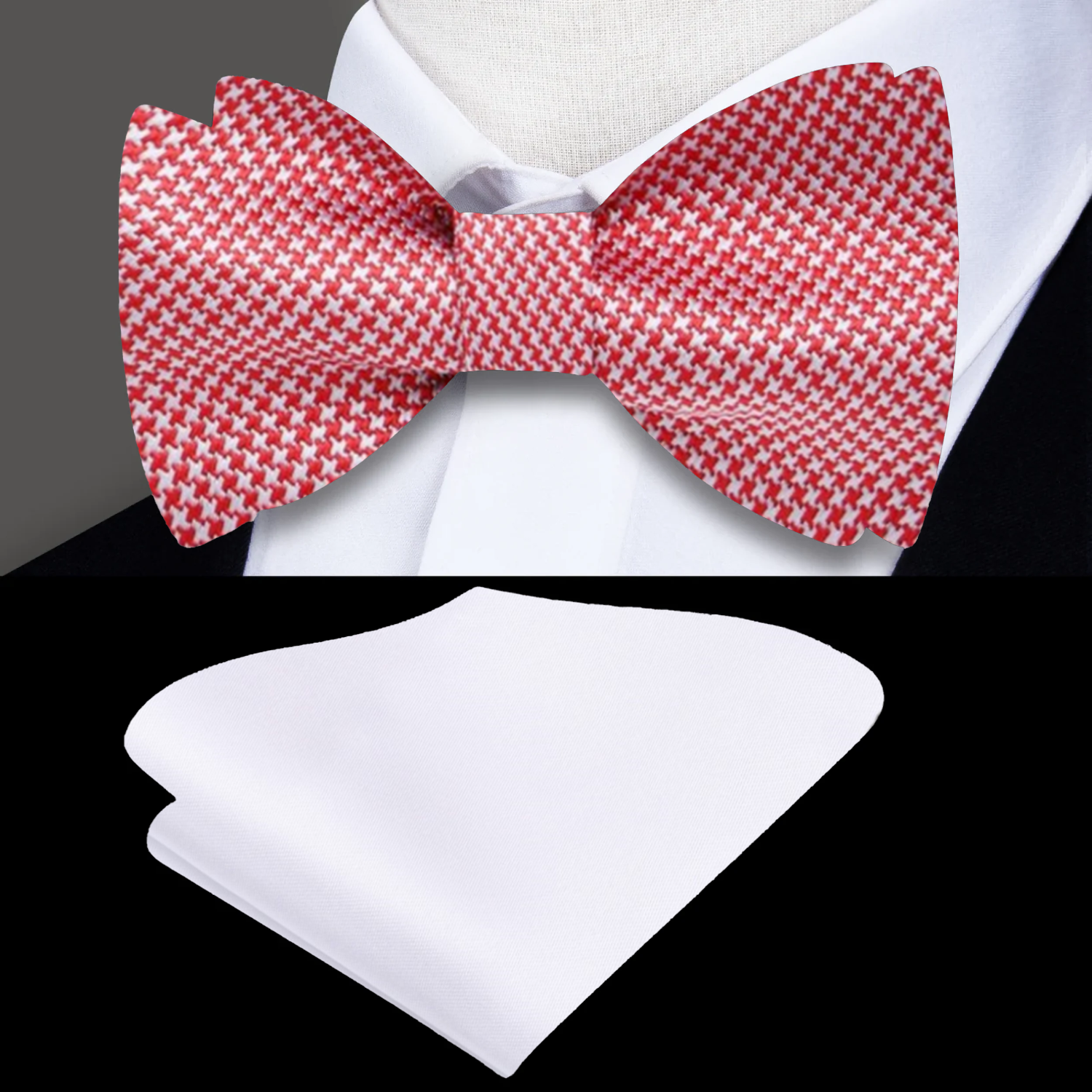 Red, Light Grey Hounds Tooth Bow Tie and White Pocket Square