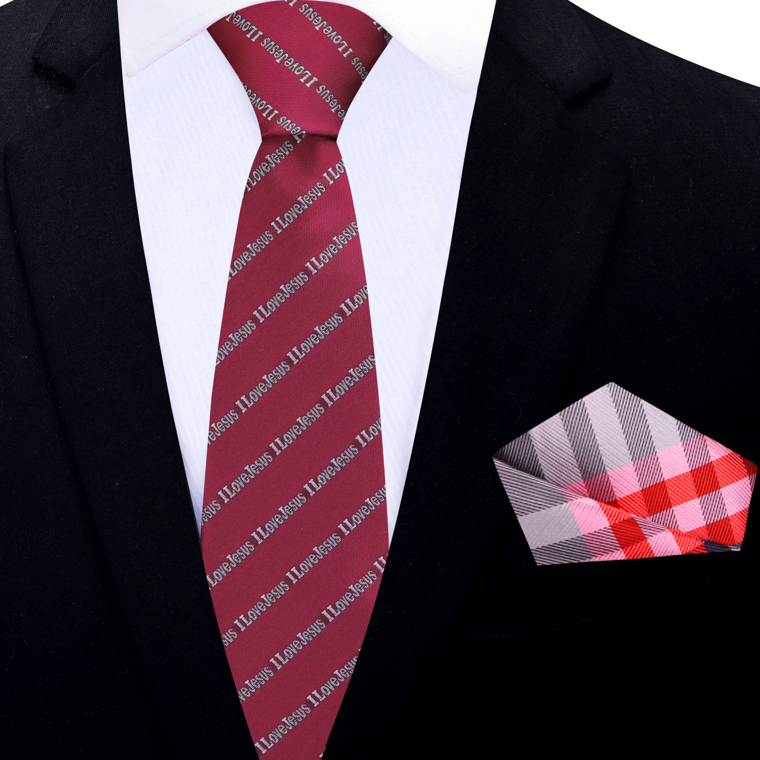 A carmine red and grey necktie with the text 'I Love Jesus' printed in a repeating pattern, displayed on a wooden surface.