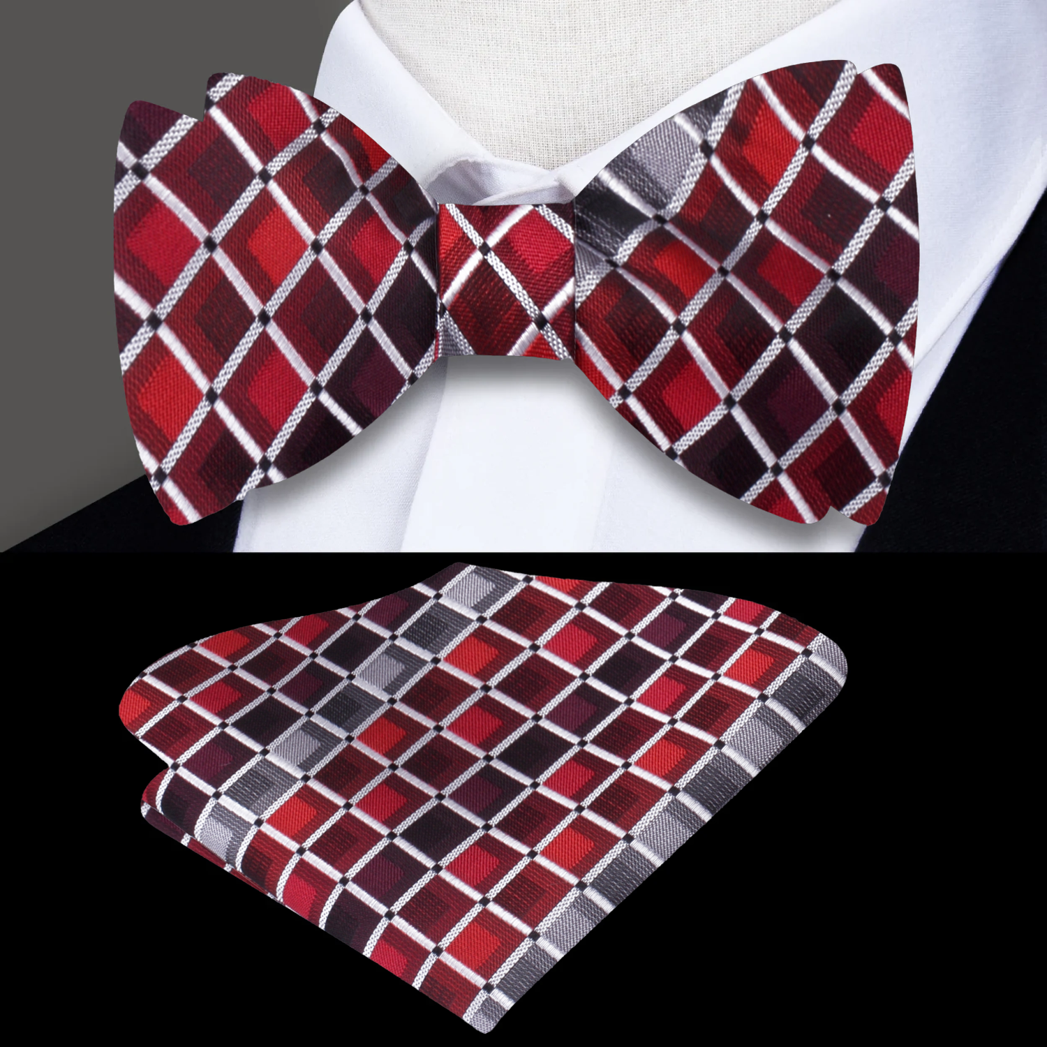 Red, Grey, Black Check Bow Tie and Pocket Square||Red, Grey, Black