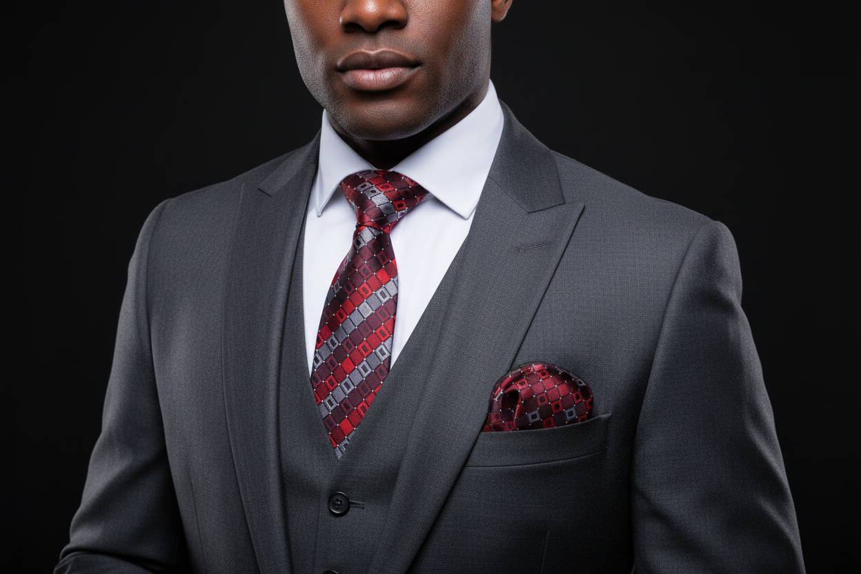 Man wearing a gray suit with a red patterned tie and pocket square on a black background