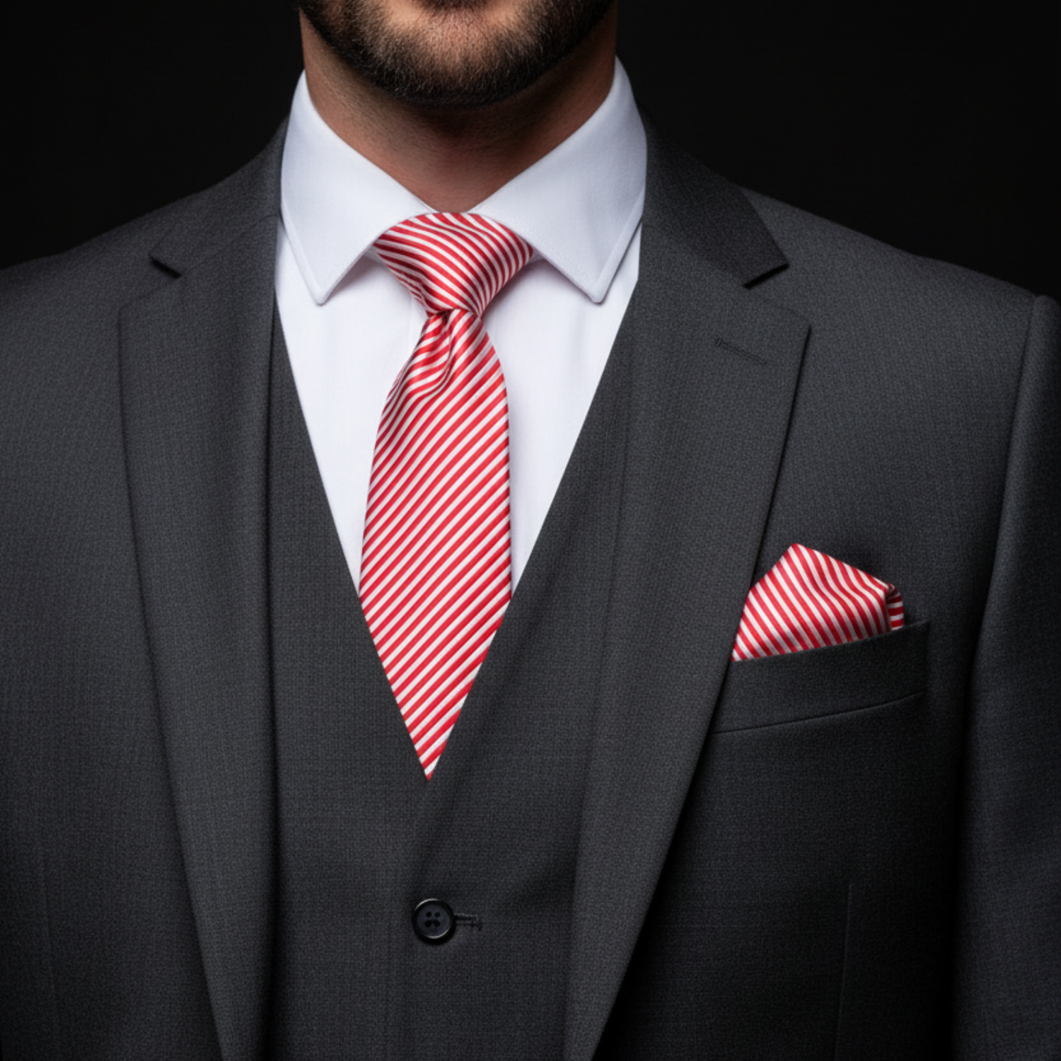 Man wearing a gray suit with a red and white striped tie and pocket square on a black background