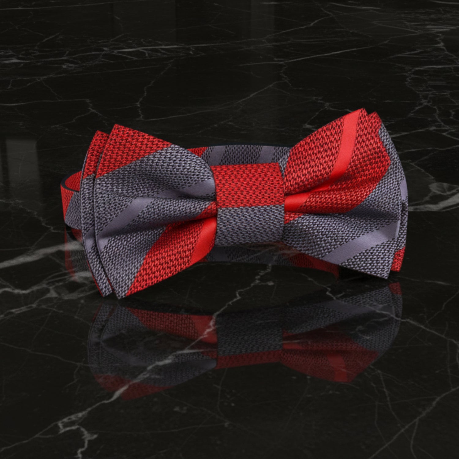 Red Grey Stripe Bow Tie Pre Tied