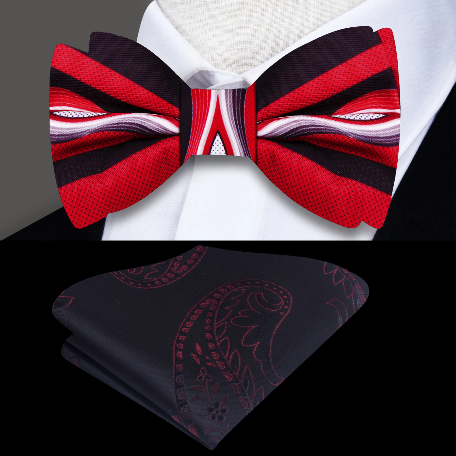 Red, Black Abstract Bow Tie and Black, Red Paisley Square