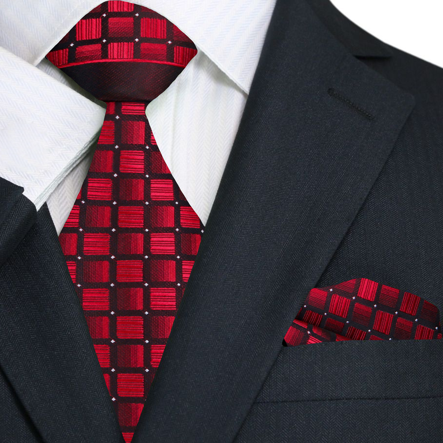 A Red and Black Checker Pattern Silk Necktie With Matching Pocket Square