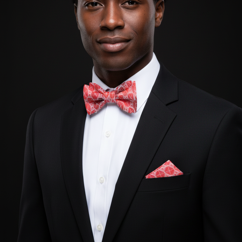 Red Geometric Bow Tie and Matching Square on Man with suit