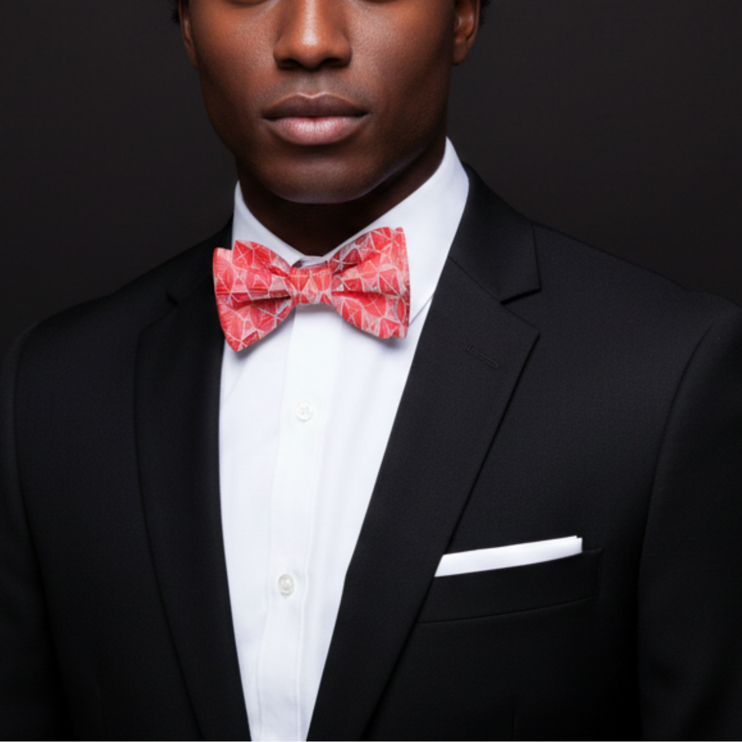Red Geometric Bow Tie and White Square on Man with suit
