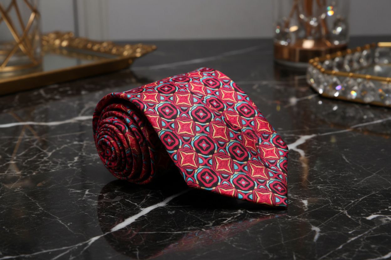 Red, Orange, Light Blue Geometric Necktie  