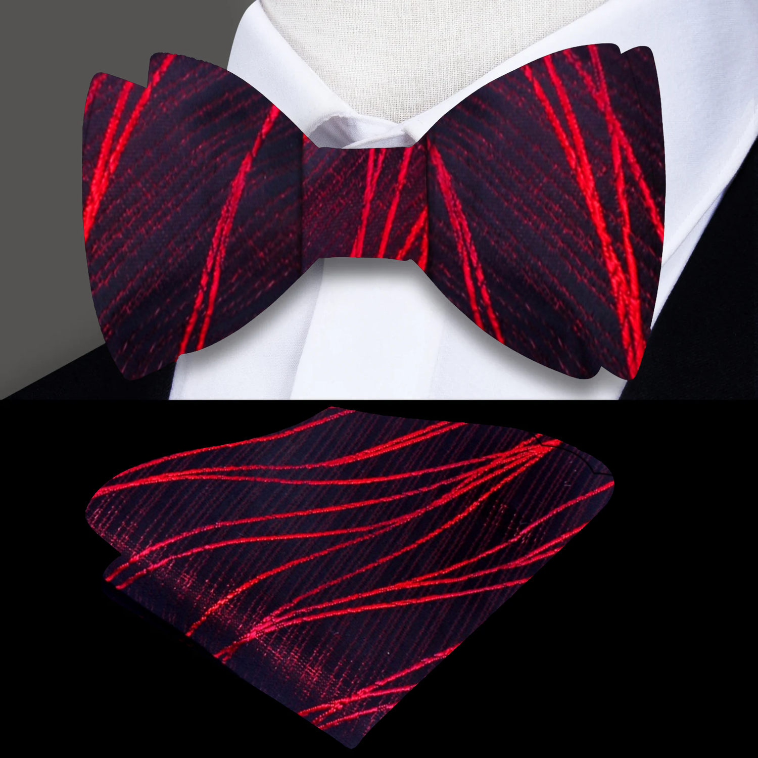Main: Main: A Red, Black 3D Intersecting Abstract Lines Pattern Self Tie Bow Tie, Pocket Square