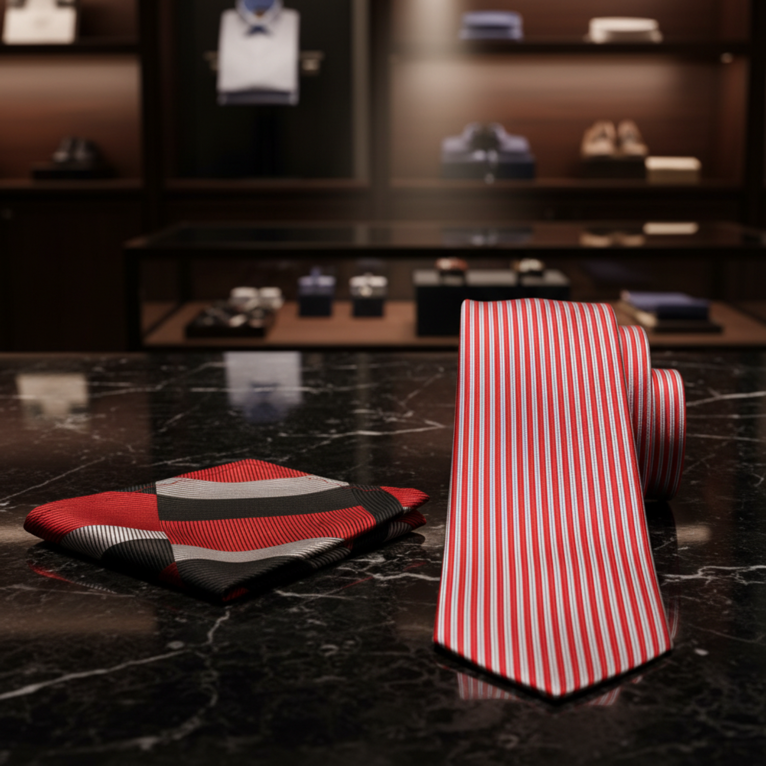 Red, Silver Lines Necktie and Accenting Red, Black, Grey Square