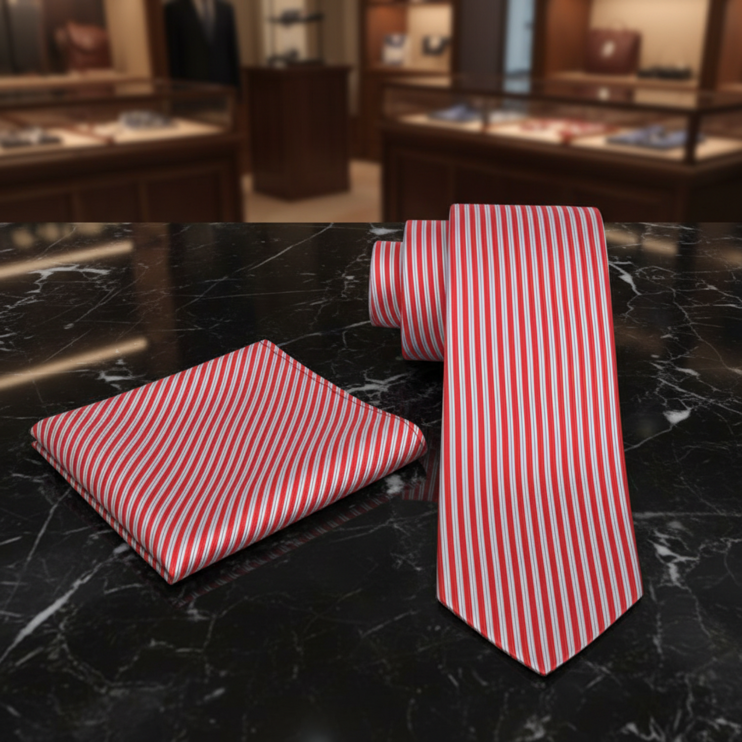 Alt Red, Silver Lines Necktie and Matching Square