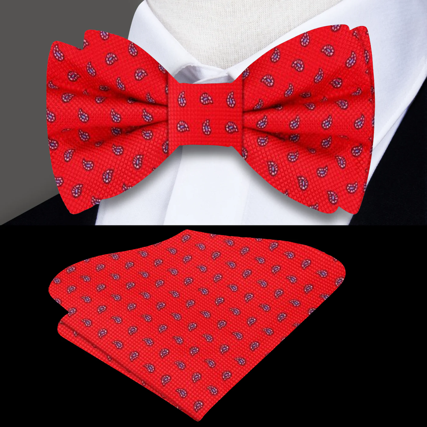 A vibrant red bow tie with a small paisley pattern, paired with a coordinating pocket square
