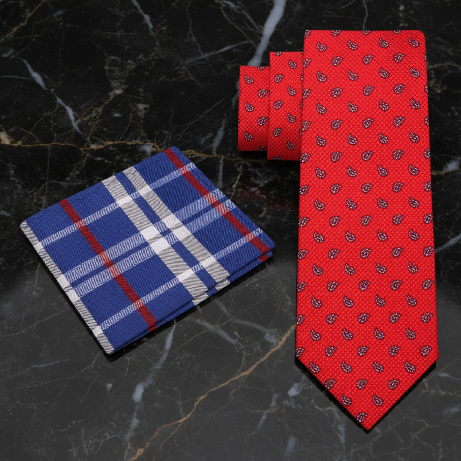 Alt View Red, Light Blue, Black Paisley Tie and Pocket Square