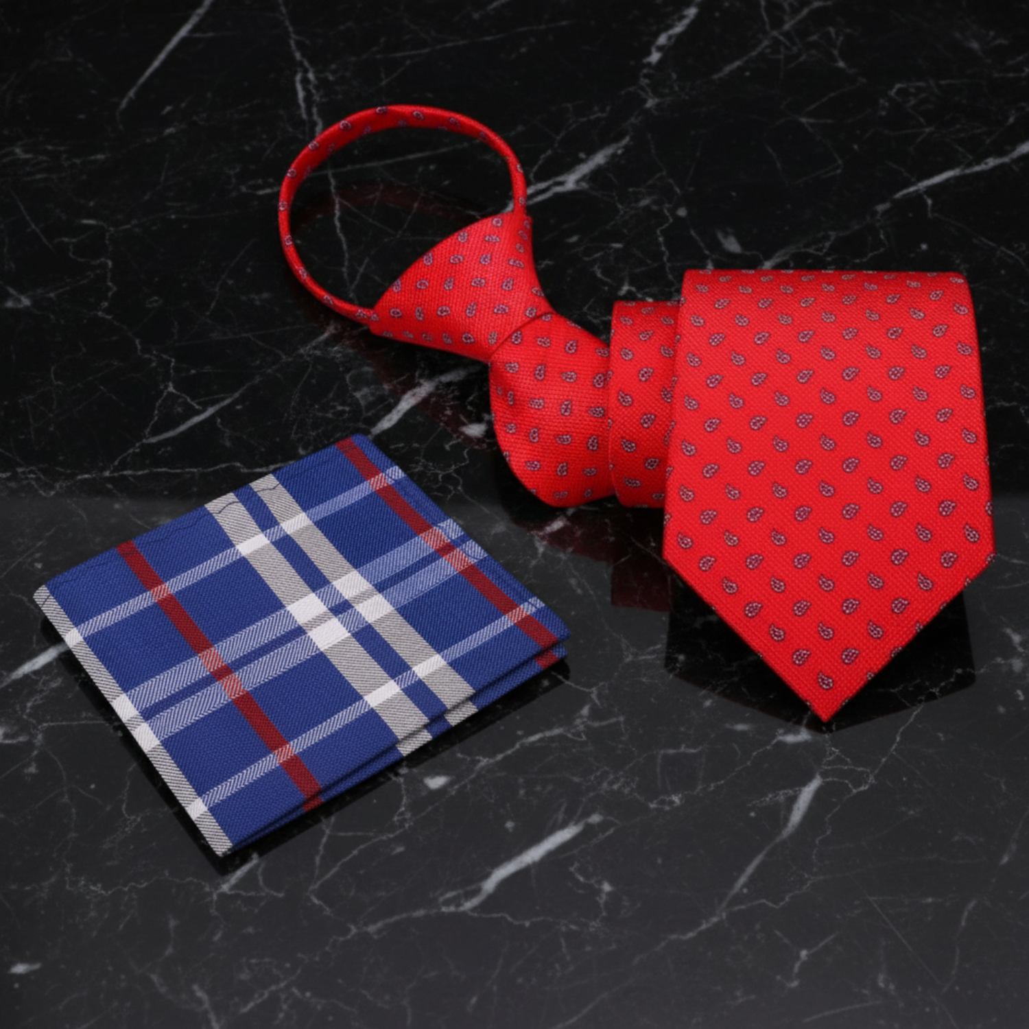 Zip Red, Light Blue, Black Paisley Tie and Pocket Square