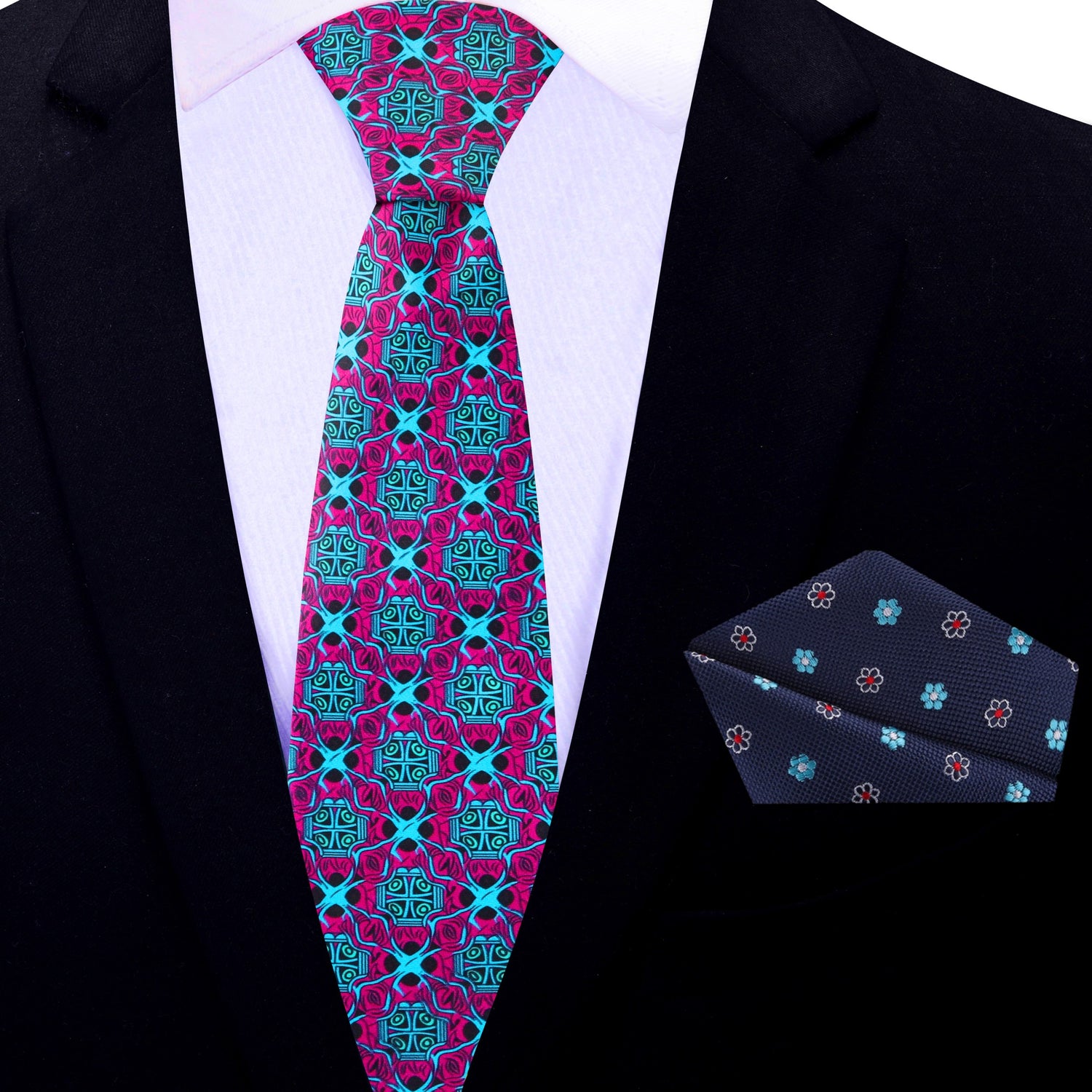 Thin Tie Red, Light Blue Abstract Tie and Blue, Red Flowers Square