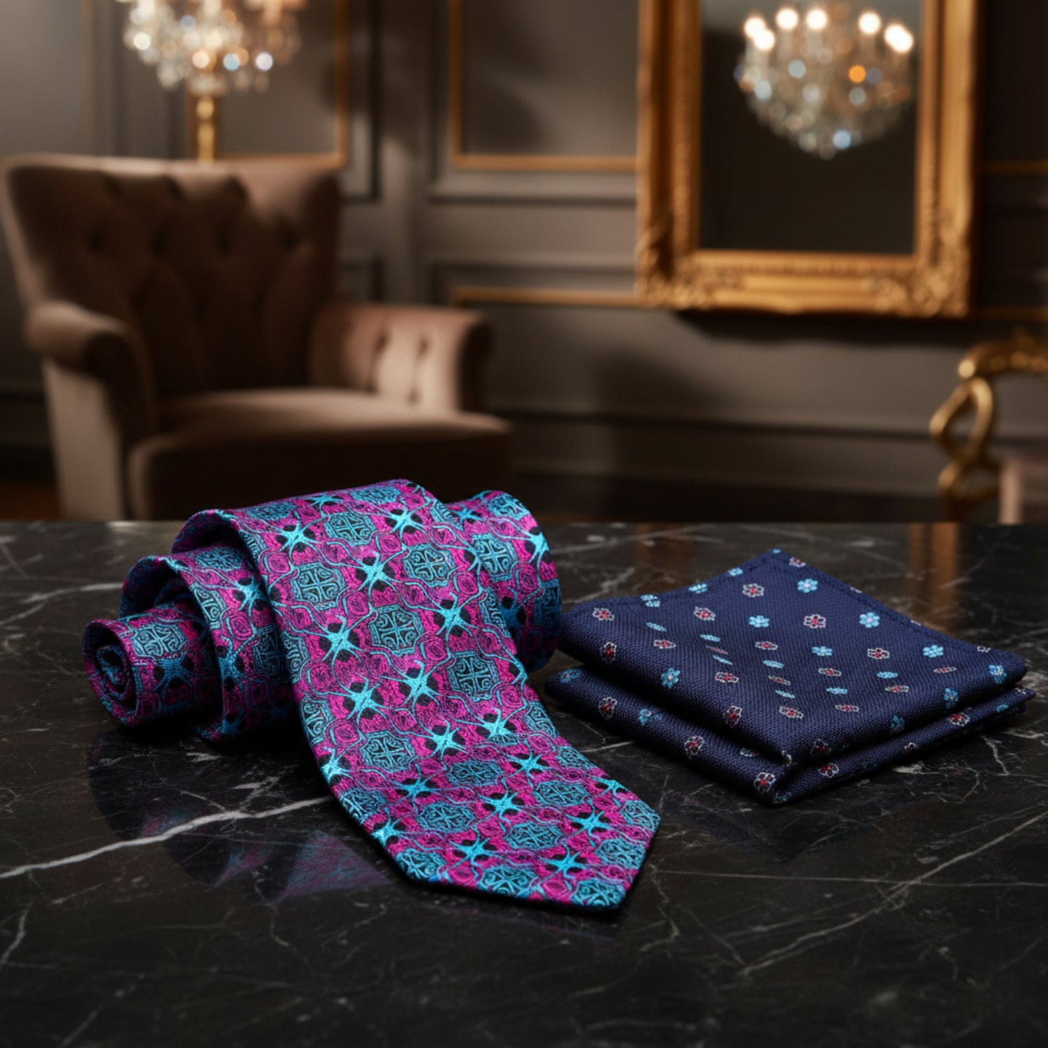 Alt View: Red, Light Blue Abstract Tie and Blue, Red Flowers Square