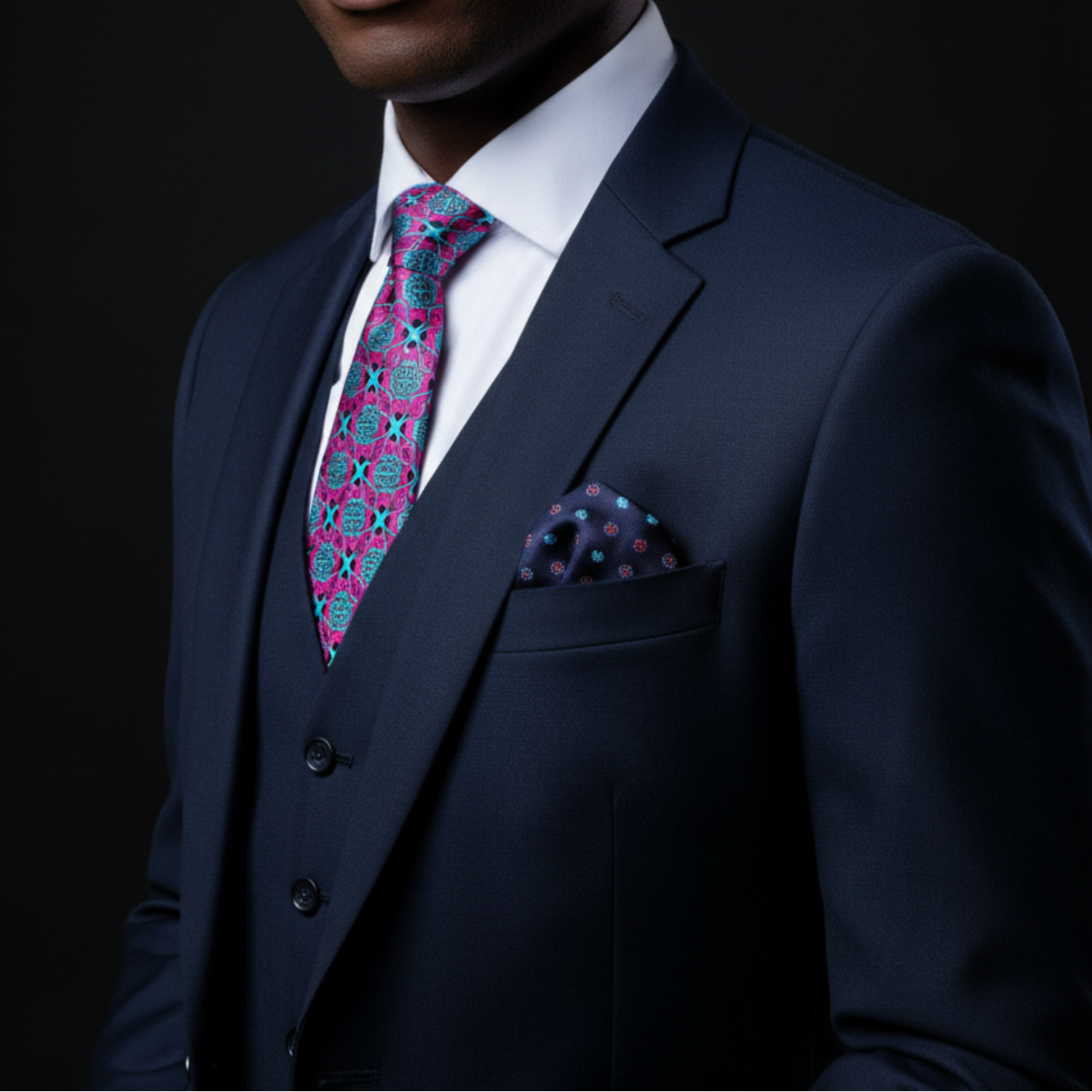 Man wearing magenta and blue geometric tie and accenting square on man