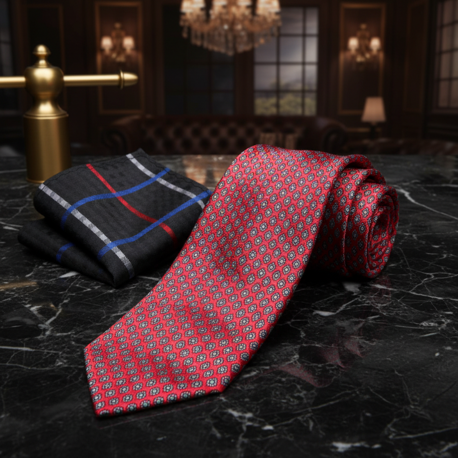 Alt View: Red Small Medallion Necktie and Black, Red, Grey Plaid Square