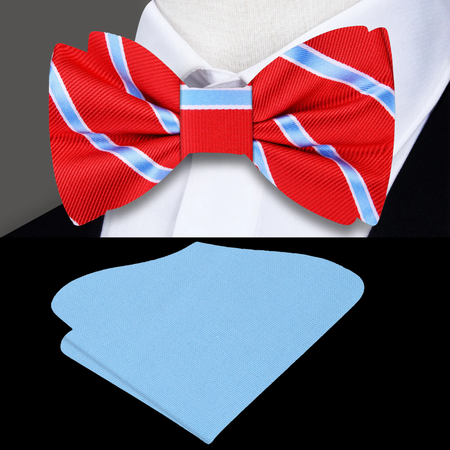 Red Light Blue Stripe Bow Tie and Pocket Square||Red