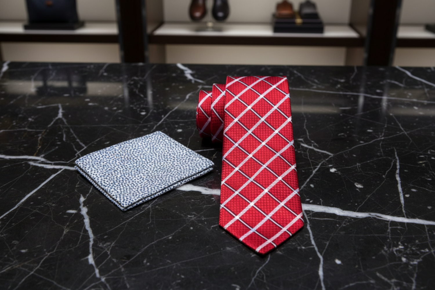 Red Light Grey Divine Necktie and Accenting Pebbles Square