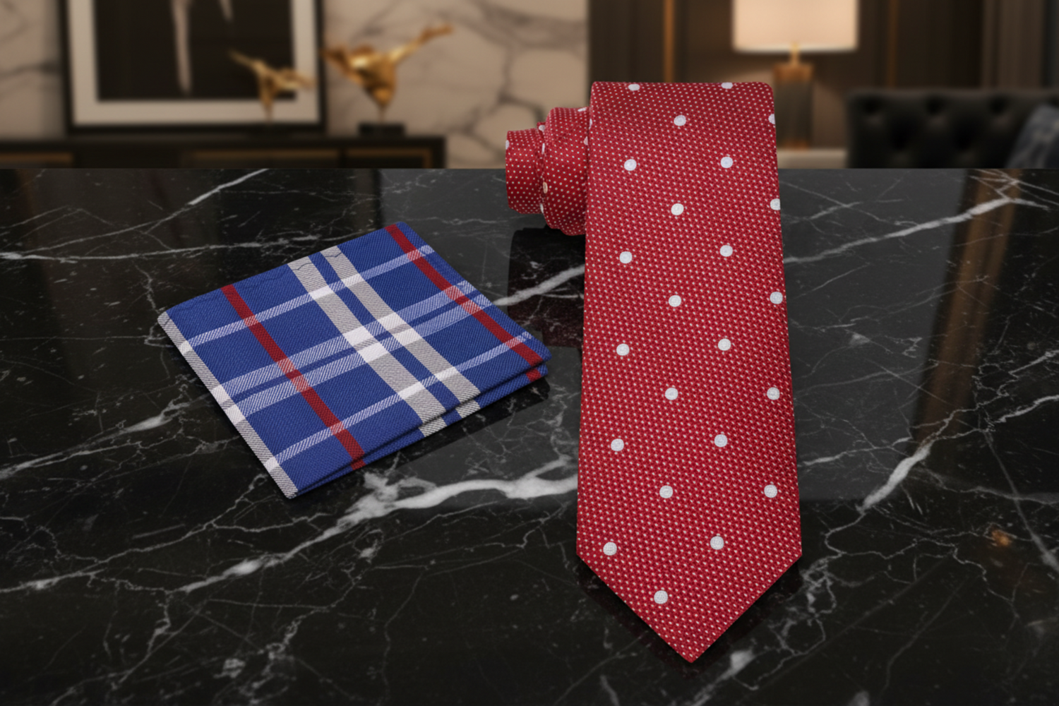 Alt Red Light Grey Luxor Majesty Polka Necktie and Accenting Plaid Square