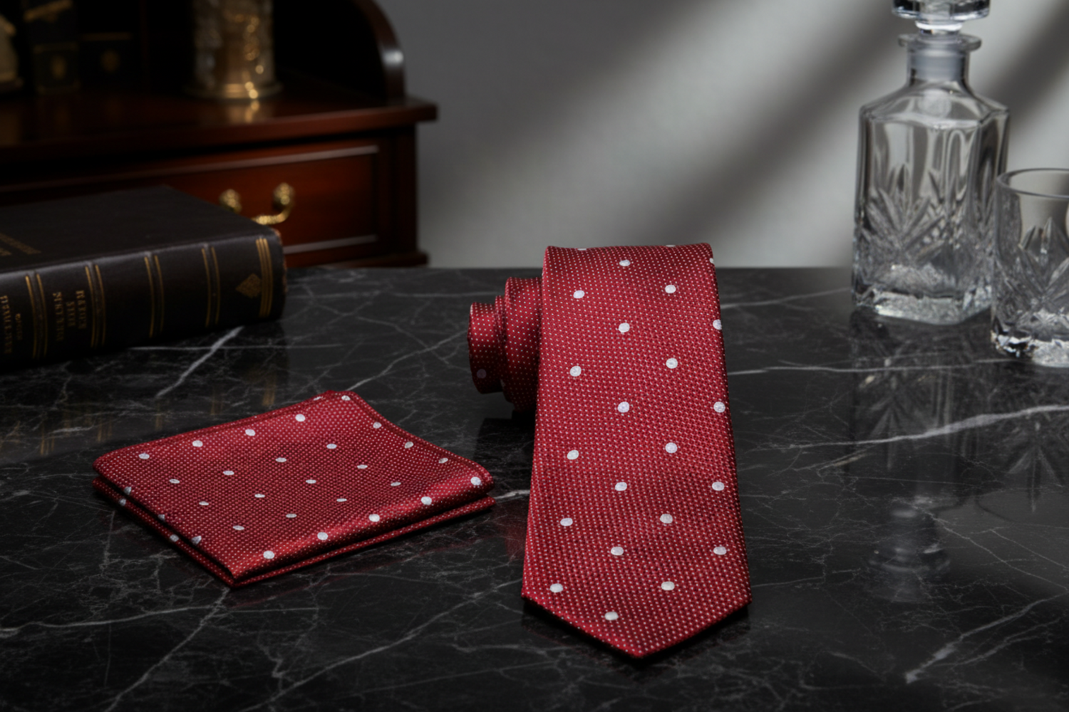 Alt Red Light Grey Luxor Majesty Polka Necktie and Matching Square