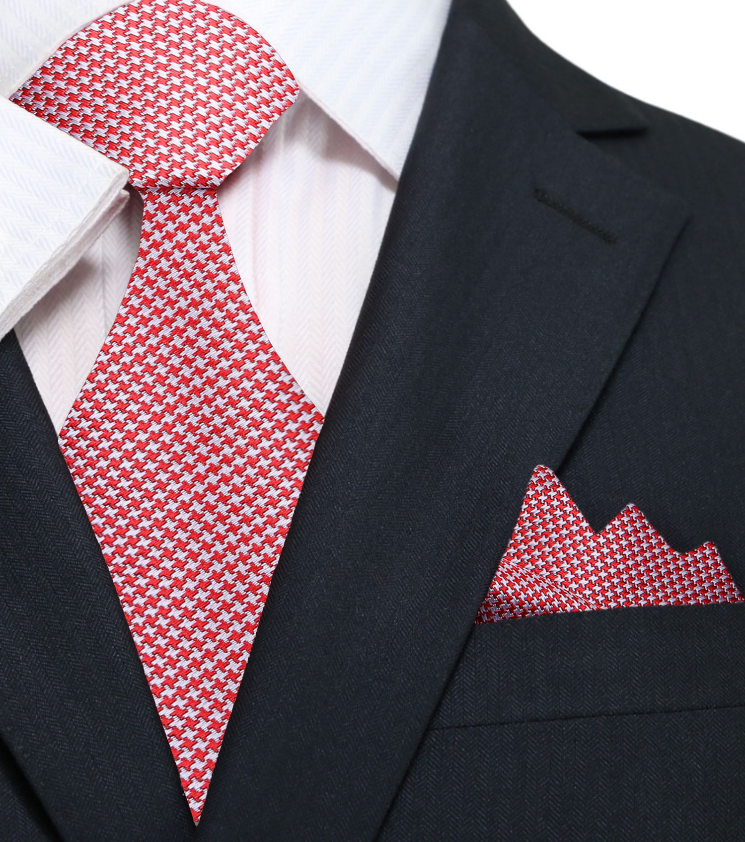 Main View: A Red, White Houndstooth Pattern Silk Necktie, Matching Pocket Square
